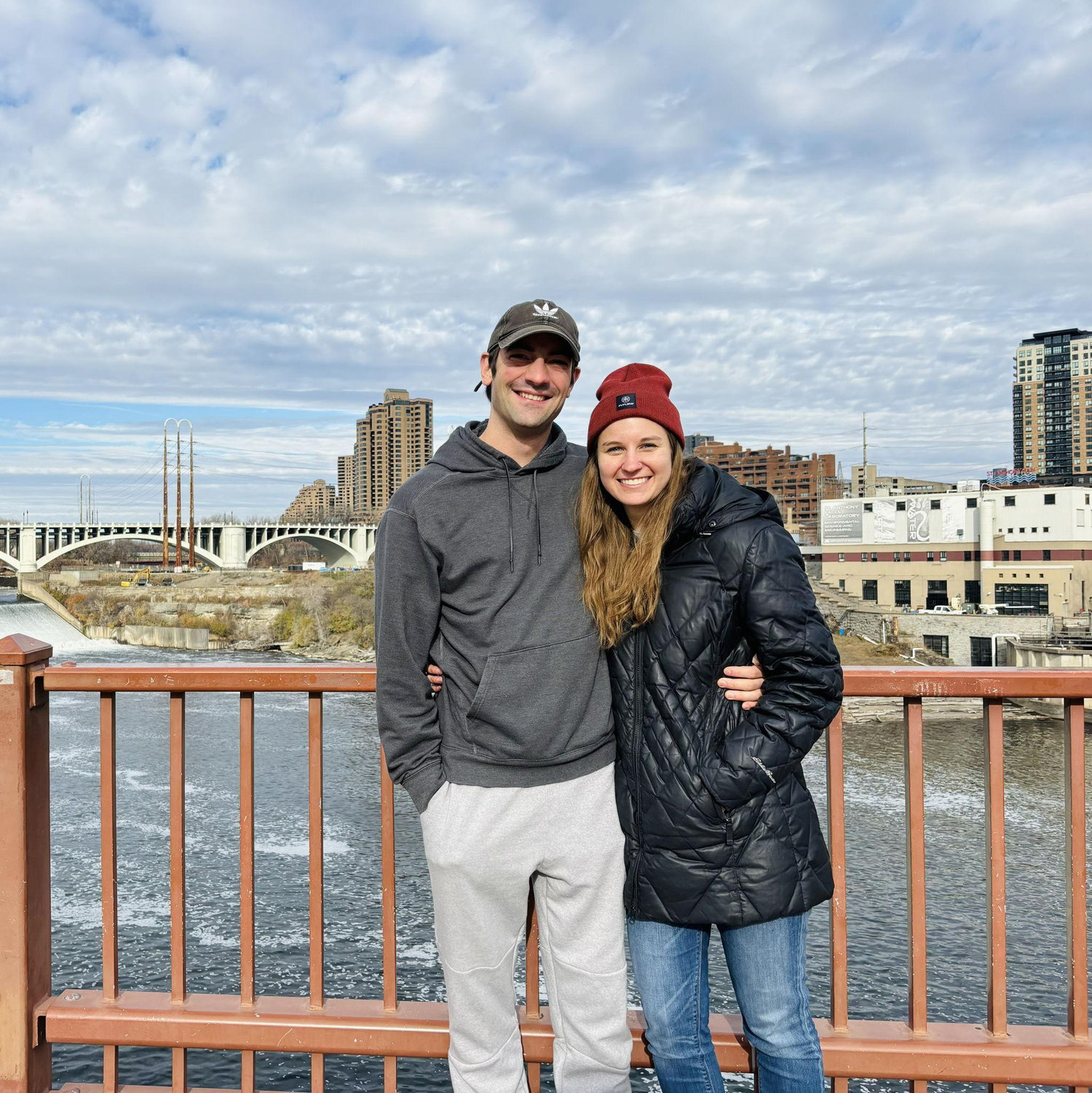 Walking on the Stone Arch Bridge after going to the farmers market.
