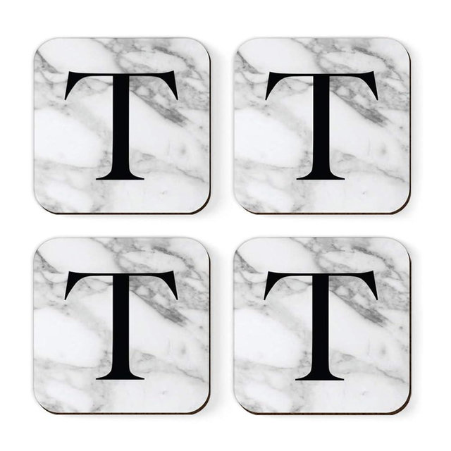 Andaz Press Square Coffee Drink Monogram Coasters Gift Set, Initial Letter T, Black Gray Marble, 4-Pack, Wedding Bridesmaid Groomsman Gifts, Housewarming Ideas