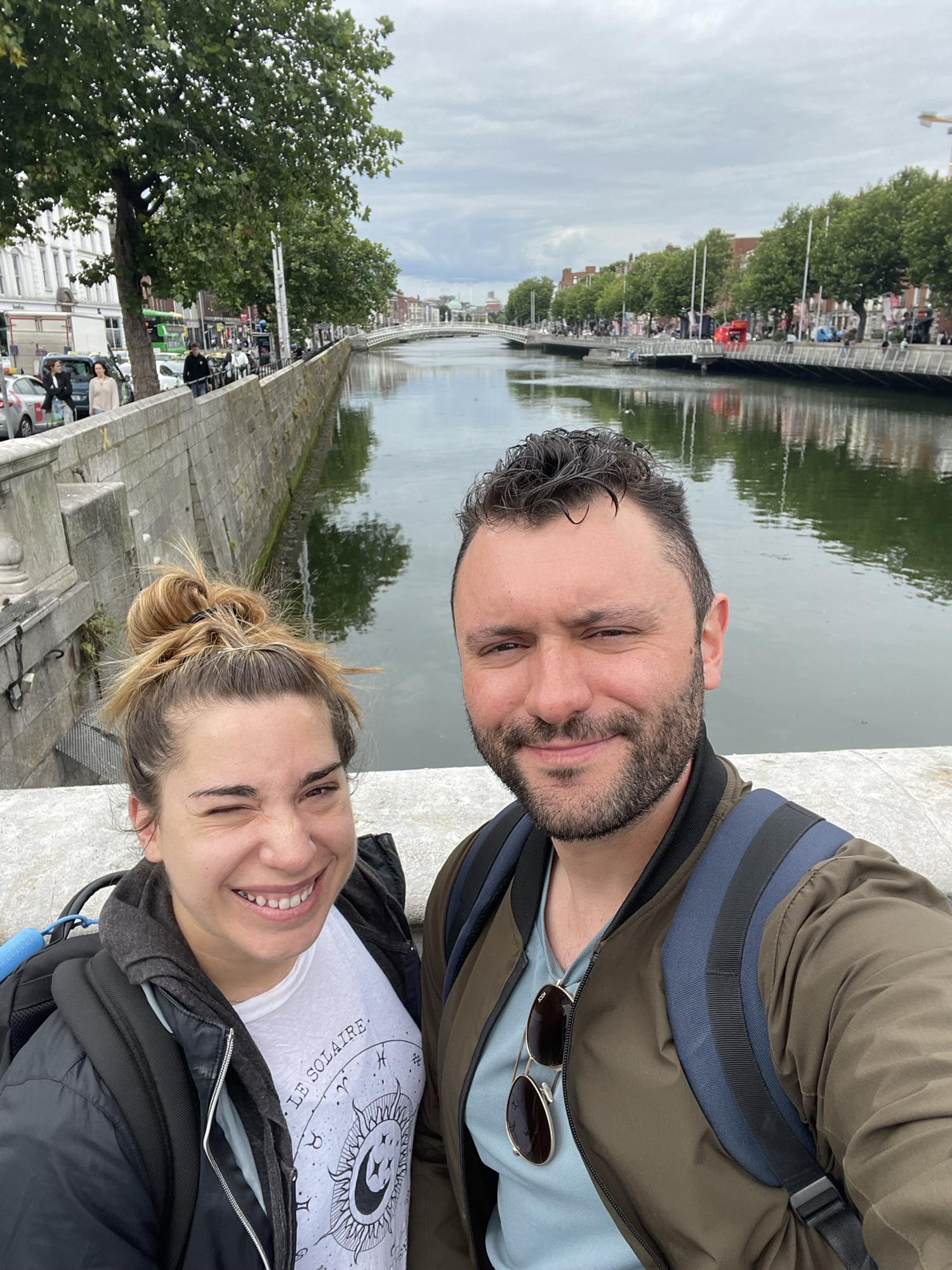 Sunny day on O’Connell Bridge in Dublin City center.