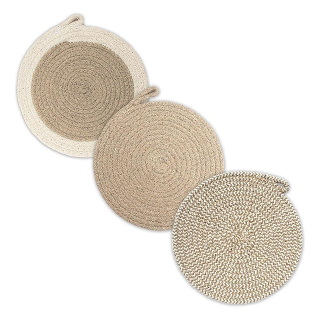 Encasa XO Round Trivet Mats For Hot Dishes with Hanging Loop | Beige Combo - Set of 3 with 7 inch Diameter | Cotton Round Thick Heat Resistant Pot Holders | Use Hot Pads Plate Mats For Hot Pots & Pans