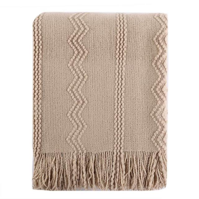 Battilo 100% Acrylic Knit Throw Classic Knitted Throw Blankets for Couch Chair Sofa, 50 x 60 Inch, Soft Warm Lightweight (Tan)