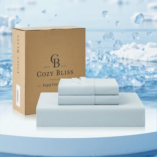 Cozy Bliss Premium Cooling Sheet Set Queen Size, Q-Max>0.4, 3PCS No Flat Sheet with 2 Pillowcases, Breathable Fitted Sheet for Hot Sleepers & Night Sweats, Deep Pocket Up to 15 Inches, Cool Blue