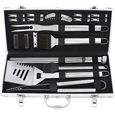 grilljoy 20PCS Heavy Duty BBQ Grill Tools Set - Extra Thick Stainless Steel Spatula, Fork& Tongs. Complete Barbecue Accessories Kit in Aluminum Storage Case - Perfect Grilling Tool Set Gift