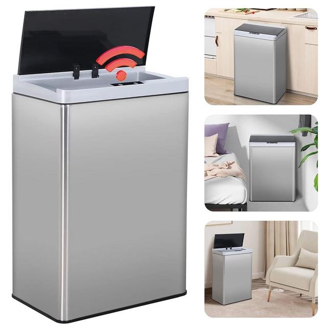 Yewuli Touch Free Trash Can 13.2 Gallon Kitchen Garbage Cans with Motion Sensor 50 Liter High Capacity Stainless Steel Trash Can, Mute Designed Anti-Fingerprint Trash Bin for Office Bedroom, Silver