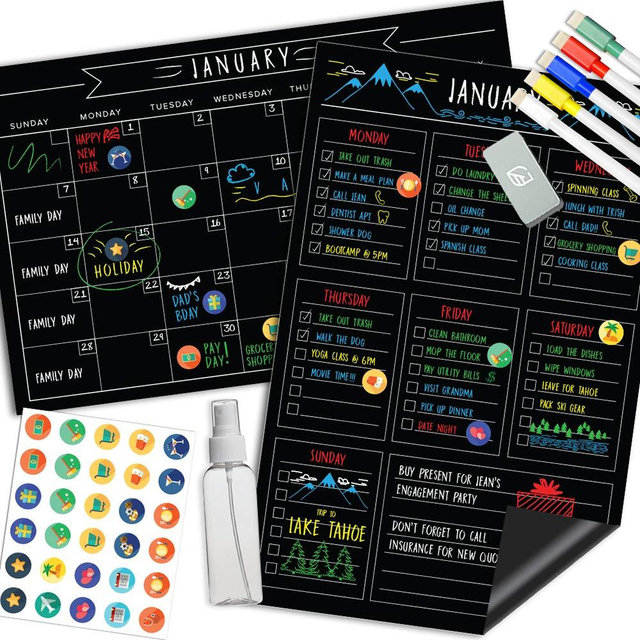 Magnetic Calendar For Fridge Chalkboard - Weekly & Monthly Black Dry Erase Refrigerator Board - 2023 Chore Chart Meal Planner - 11" x 17" - Atomic Habits Planner