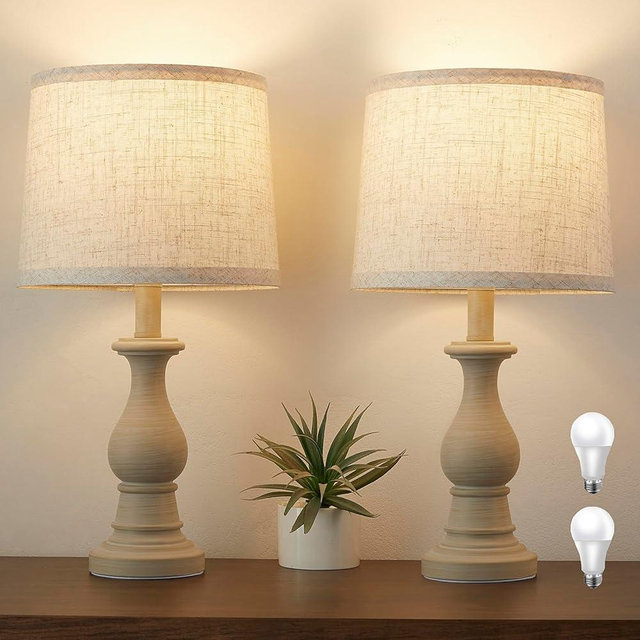 Hikczc Vintage Table Lamp for Living Room Bedroom, 18.5" Farmhouse Bedside Lamps Nightstand Lamp Set of 2, Table Lamps with Oatmeal Linen Lamp Shades, 2 LED Bulbs Included, White Stripe