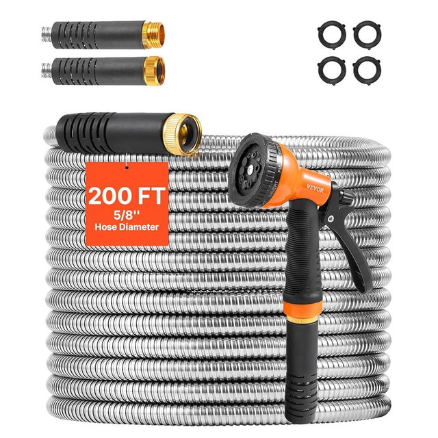 VEVOR Metal Garden Hose 200 ft, Heavy Duty Stainless Steel Water Hose with 10-Function Nozzle, No-Kink & Flexible Outdoor Garden Hose, Rust-Proof Lightweight Hose for Yard, RV, Car Wash