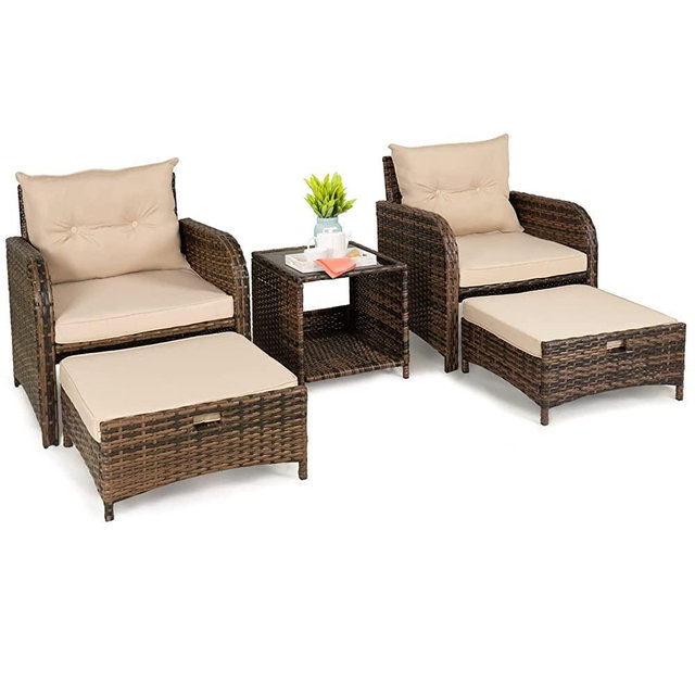 Auzfy 5 Pieces Outdoor Patio Chairs with Ottomans, PE Wicker Rattan Outdoor Furniture Sets, Porch Furniture Set with Coffee Table, Wicker Patio Conversation Sets for Garden, Lawn, Balcony(Beige)