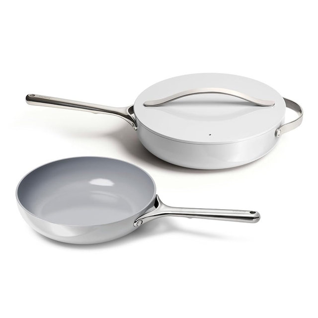 Caraway Fry Pan and Sauté Pan Duo - 10.5” Ceramic Frying Pan and 12” Deep Sauté Pan with Lid - Non Stick, Non Toxic, Oven Safe - Gray