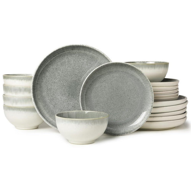Pokini Ceramic Dinnerware Sets for 6, 18 Pieces Stoneware Plates and Bowls Sets, Chip and Stain Resistant Modern Dishes, Dishwasher & Microwave Safe Dinner Set, Gradient Green