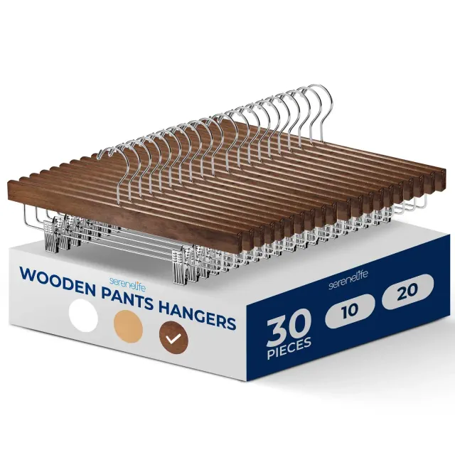 Premium Wooden Pants Hangers for Organized Closets with Chrome 360 Swivel Hook, Adjustable Clips, 30-Piece Set