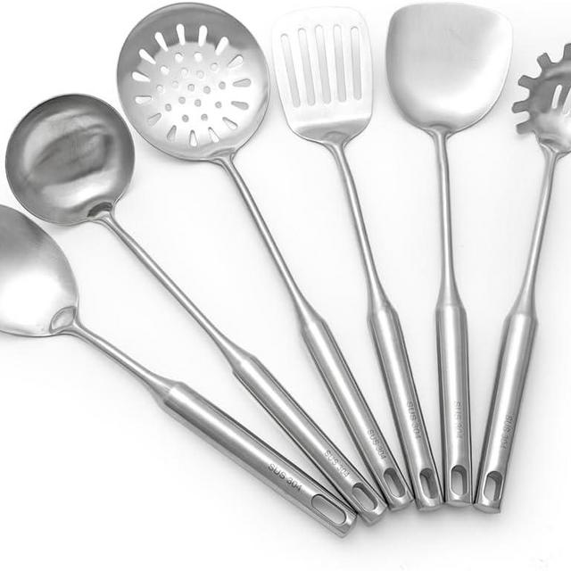 6 Pieces Cooking Utensils 304 Stainless Steel Kitchen Utensils Set,Dishwasher Safe,Ergonomic and comfortable serving Utensils, Soup Ladle Spoon Turner Skimmer set
