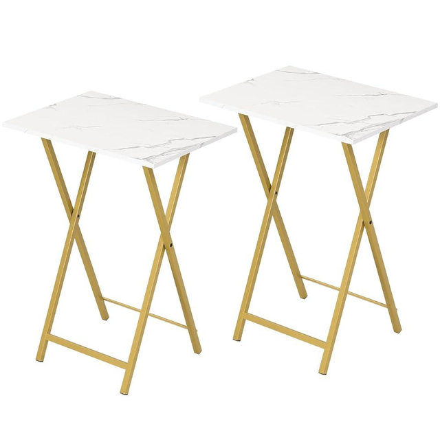 HOOBRO Folding TV Tray Tables, Set of 2 Side Table for Small Space, Portable Snack Tables for Eating at Couch, Stable Metal Frame Sofaside Table, Easy Assembly, Space Saving, Marble and Gold DM25BZ01