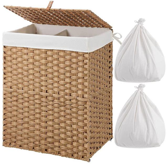 GREENSTELL Laundry Hamper with 2 Removable Liner Bags, Divided Clothes Hamper, 90L Handwoven Synthetic Rattan Laundry Basket with Lid and Handles, Foldable & Easy to Install Natural (18x12x24 Inches)
