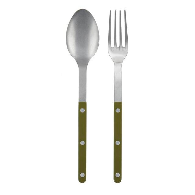 SABRE PARIS - 2-Piece Serving Set - Bistrot Vintage Collection - Large Fork & Large Spoon - Stainless Steel & Nylon - Dishwasher Safe - Fern Green - Mat Finish
