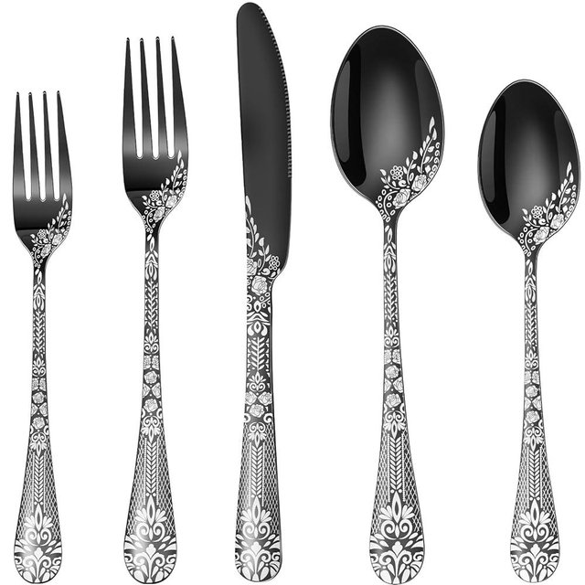 40 Piece Black Silverware Set, Stainless Steel Flatware Cutlery Set Service for 8, Mirror Polished Tableware Eating Utensils Set for Home Kitchen, Include Knife Fork Spoon Set, Dishwasher Safe
