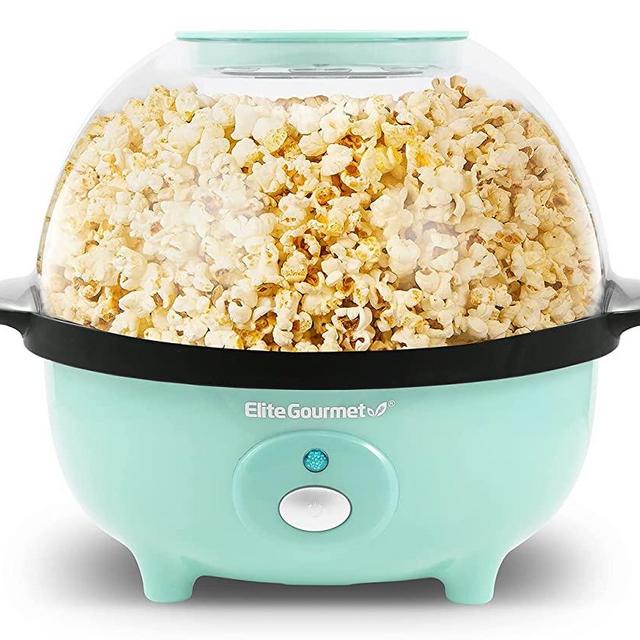 Elite Gourmet Automatic Stirring Popcorn Maker Popper, Electric Hot Oil Popcorn Machine with Measuring Cap & Built-in Reversible Serving Bowl, Great for Home Party Kids, Safety ETL Approved, Mint