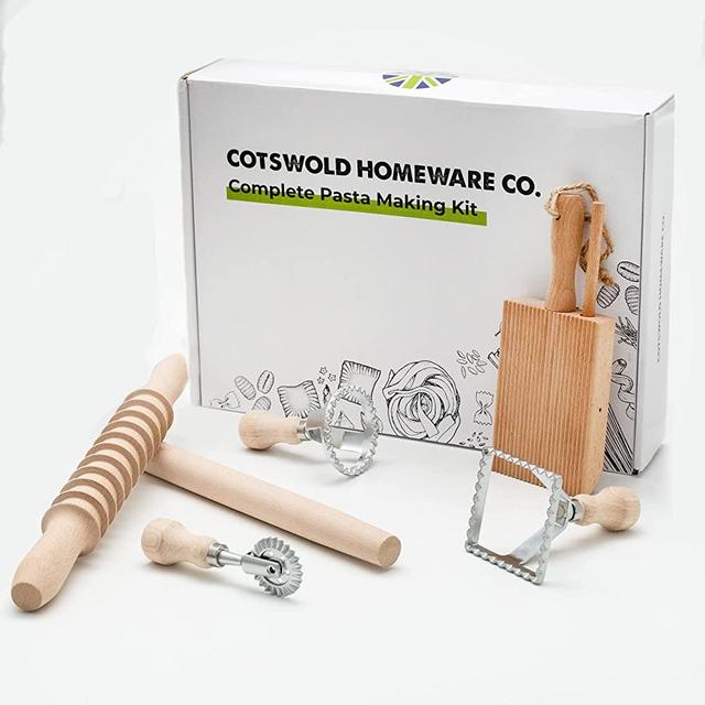 Complete Pasta Making Tool Set Includes Two Ravioli Stamp Maker Cutter With Roller Wheel Set, Two Pasta Rolling Pins, Gnocchi Board. By Cotswold Homeware Co