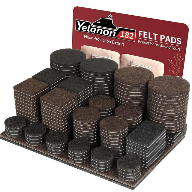 Yelanon Felt Furniture Pads -182 Pcs Furniture Pads Self Adhesive,Cuttable Felt Chair Pads,Anti Scratch Floor Protectors for Furniture Feet Chair Legs, Felt Pads for Hardwoods Floors,Black & Brown