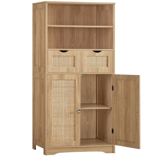 Iwell Tall Storage Cabinet, Rattan Cabinet with 2 Drawers & Adjustable Shelf, Kitchen Pantry Storage Cabient, Entryway Cabinet for Living Room, Dining Room, Home Office, Natural