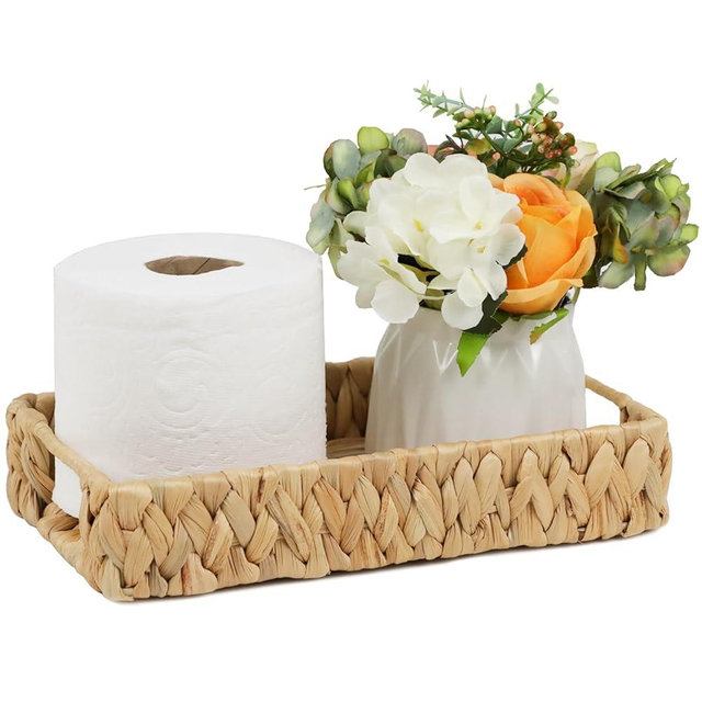 Bathroom Tray, 11 Inch Water Hyacinth Vanity Tray with Handle, Small Wicker Basket for Bathroom Toilet Tank Countertop, Wicker Bathroom Trays for Counter Decor