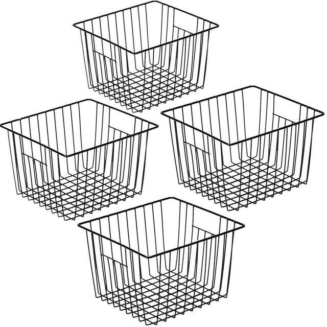 SANNO Wire Storage Basket Freezer Farmhouse Storage Organizer,4 Pack Metal Household Storage Organizer Bin with Built-in Handles for Pantry Shelf Kitchen Cabinet Bathroom Large BasketBlack