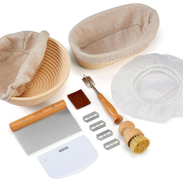 Bread Proofing Set, by Kook, Sourdough Bread, Rattan Baskets and Liners, 1 Round and 1 Oval Banneton Basket, Dough Scrapers, Scoring Lame & Case, 4 Blades, Brush, Plastic Dough Cover, Set of 2