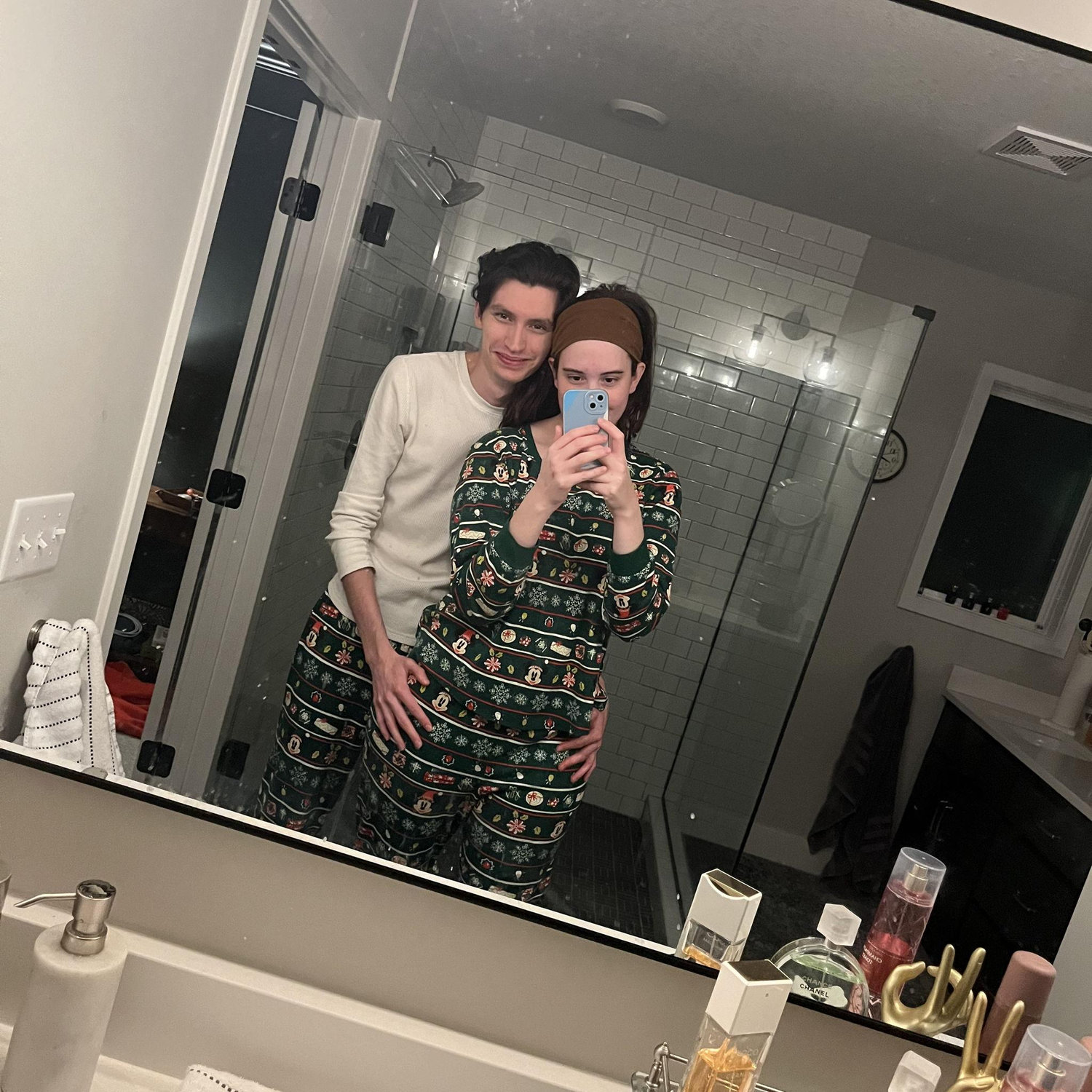 Margo and William in matching Christmas pajamas