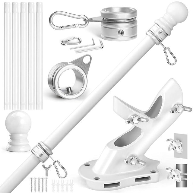 Anovo Flag Pole Kit- Upgraded Holder, Stainless Steel 6 FT Flag Poles with1 Inch Metal 360° Rotating Flag Pole Rings Two-Position Flag Pole Bracket Mounting for Outside House Porch(6 FT - White)