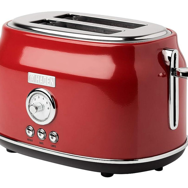 Haden DORSET, Stainless Steel Retro Toaster with Adjustable Browning Control and Cancel, Defrost and Reheat Settings (Red, 2 Slice)