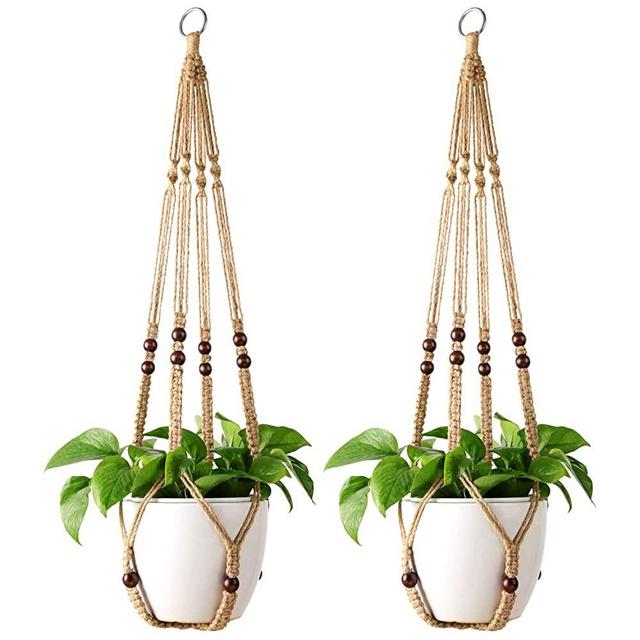 Mkono 2 Pack Macrame Plant Hangers Indoor Hanging Planter Basket Decorative Flower Pot Holder Jute Rope with Beads No Tassels for Indoor Outdoor Home Decor, 35 Inch