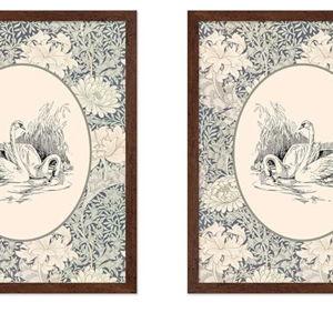Poster Master 2-Piece Vintage Swans Print - Retro Bird Poster - Blue Pastel Art - Floral Farmhouse Wall Design - Chic Boho Art - Great Kid's Room or Nursery Wall Decor - 8x10 Brown Framed