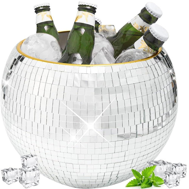 9.8 Inch Disco Ball Ice Bucket - Mirror Silver Decor for Cocktail Bar, Retro Party Accessories, Cooler for Wine, Beer, Champagne