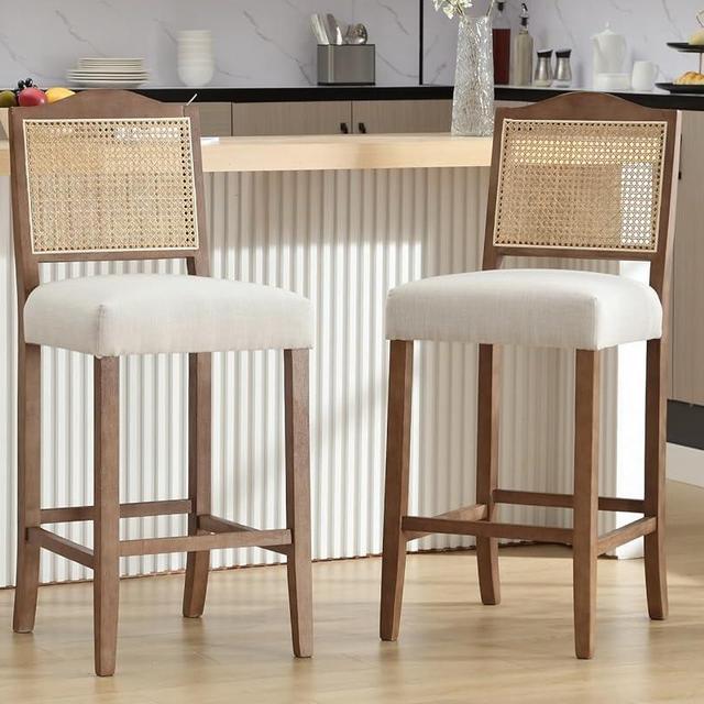 CIMOTA 30 Inch Counter Height Stools Set of 2 Rattan Farmhouse Barstools Mid Century Modern Bar Chairs Upholstered Kitchen Bar Stools with Wood Legs for Island/Dining Room, Linen Beige
