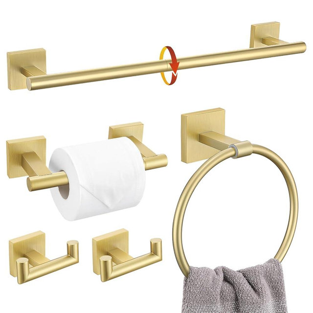Brushed Gold Towel Bar Set, 5 Pieces Double Dase Toilet Paper Holder Bathroom Hardware Set, 23.6 Inch Stainless Steel Towel Racks for Bathroom Wall Mounted