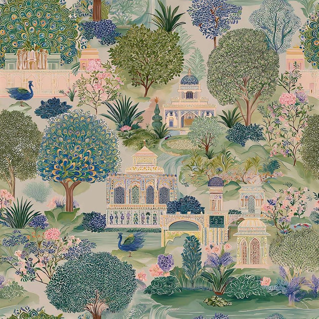VEELIKE Vintage Chinoiserie Peacock Peel and Stick Wallpaper Indian Mughal Garden Floral Wallpaper for Bedroom Nursery Bathroom 17.7''x354'' Self Adhesive Removable Pink Green Botanical Wall Mural