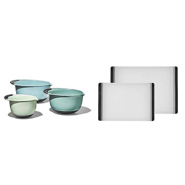 OXO Good Grips 3-Piece Plastic Mixing Bowl Set - Cadet Blue, Tower Gray, Jade, Small, Medium, Large & Good Grips 2-Piece Plastic Cutting Board Set (Pack of 1),Clear