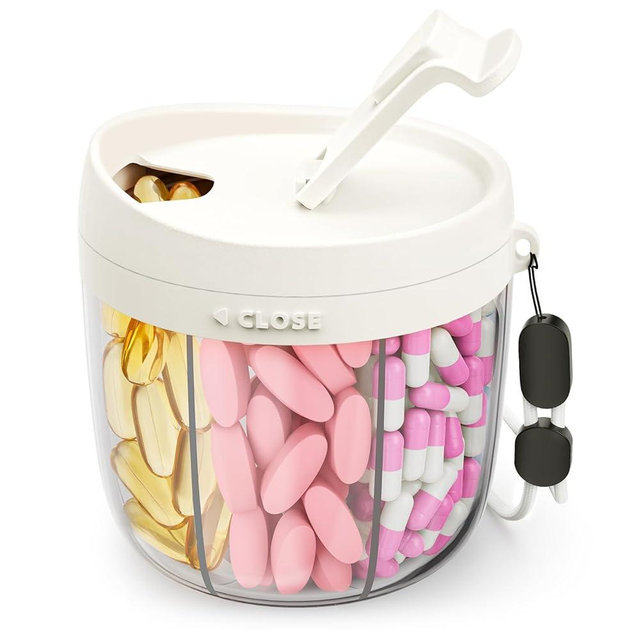 AMOOS Cute Pill Dispenser with 7 Large Compartments, Portable Pill Bottle Organizer with Wide Opening for Easy Use, Anti-Mix Pill Organizer for Travel, BPA-Free Pill Container, White