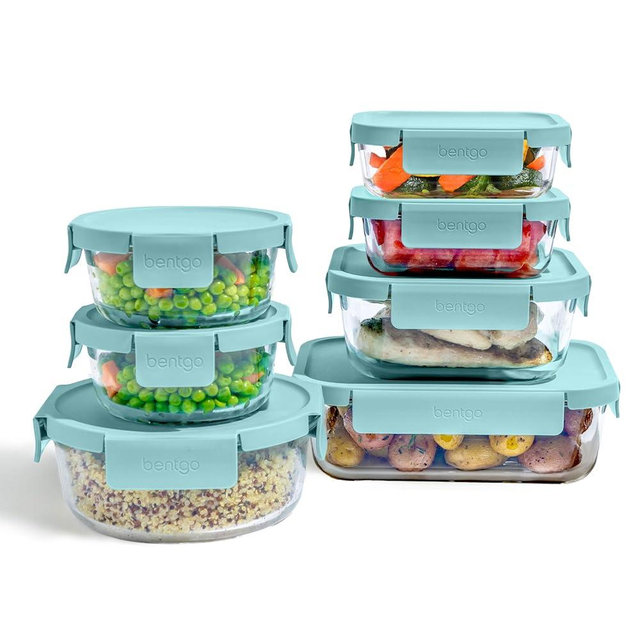 Bentgo Glass Leak-Proof Food Storage Set - 14-Piece Glass Containers with BPA-Free Airtight Lids, Reusable & Durable for Leftovers & Meal Prep - Microwave, Freezer, Oven & Dishwasher Safe (Soft Aqua)
