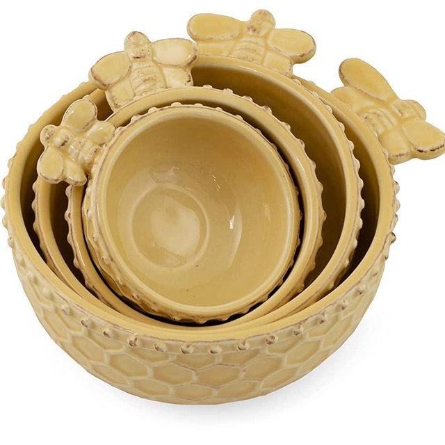 Boston International Embossed Stoneware Nesting Measuring Cups, Set of 4, Honeycomb