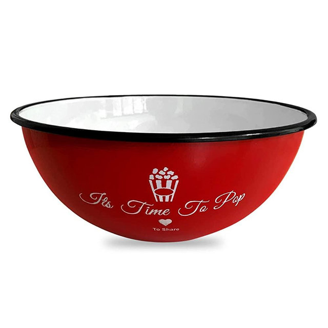 Delightful Bliss Red Popcorn Bowl-Retro Family- Size Popcorn Bucket Tub For Party & Movie Night Snacks- Non Chip, Shatterproof, Enamel Coated Stainless Steel Serving Container - 80oz Capacity, 5x9.5"
