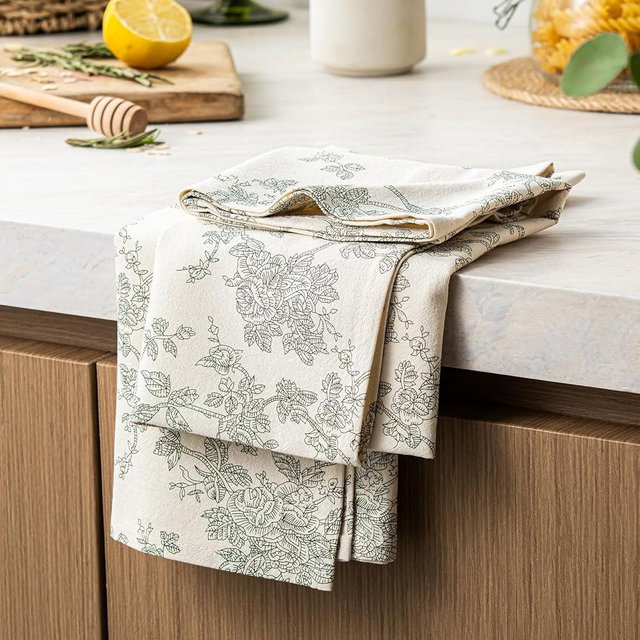 YZJZEDS 100% Cotton French Pastoral Kitchen Towels Set of 2, Decorative Flour Sack Tea Towels with Hanging Loop 18x25 Inch Absorbent Dish Cloths Farmhouse Home Decor, Green