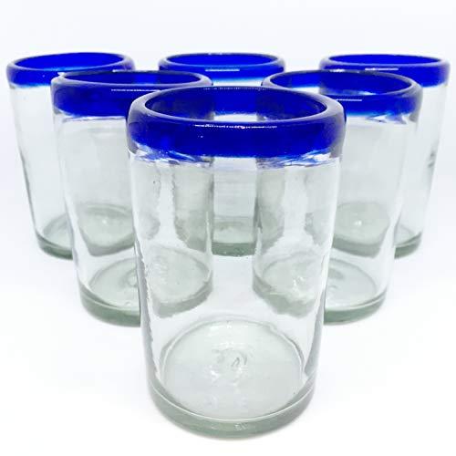 MexHandcraft Set of 6 Mexican Blown Glass Drinking Glasses, 14oz each, Cobalt Blue Rim