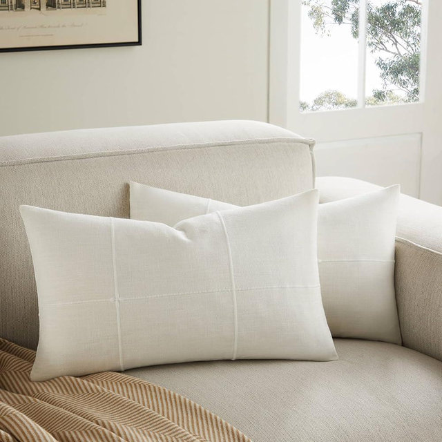 YZJZEDS 2 Packs Grid Embroidery Lumbar Throw Pillow Covers, 12x20 Inch Off White, Farmhouse Linen Decorative Ivory Cushion Covers for Sofa Bed Living Room Home Decor