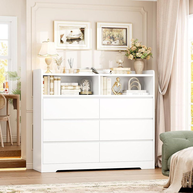 FOTOSOK White Dresser, 47.2" White Modern Chest of Drawers with 2 Open Cabinets, Handless Design Dresser with 6 Drawers, Wood Dresser Storage Drawers for Home & Office