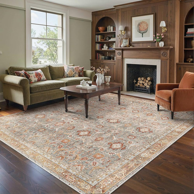 BESBLEE 10X14 Area Rugs Machine Washable Rugs for Living Room, Vintage Boho Large Rugs for Bedroom Dining Room, Non Slip Indoor Soft Distressed Lightweight Thin Low Pile Carpet, Orange