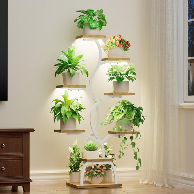 Plant Stand Indoor with Grow Light - 8 Tiered Plant Shelf Indoor, Corner Plant Stand, 49" Tall Plant Shelf with Lights for Indoor Growing, Lighted Flower Holder for Living Room, Balcony (White)
