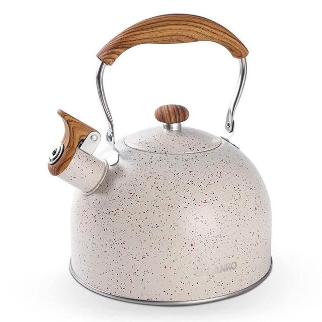 Tea Kettle, BELANKO 85 OZ / 2.5 Liter Whistling Tea Kettle, Tea Pots for Stove Top Food Grade Stainless Steel with Wood Pattern Folding Handle, Loud Whistle Kettle for Tea, Coffee, Milk - Cream White
