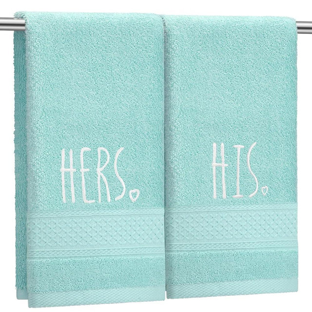 Tingjoo 2 Pcs His and Hers Hand Towels 100% Cotton Embroidered Bathroom Towel Wedding Gift for Couple, Anniversary Bathroom Decor 29 x 13 Inch(Lake Blue)