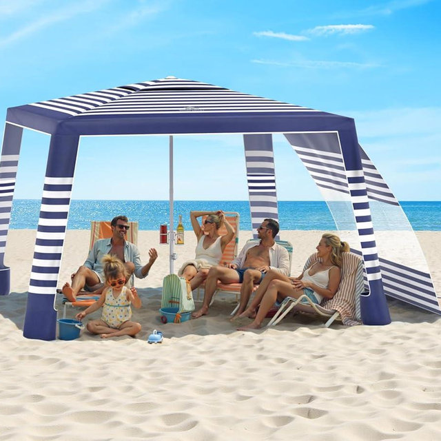 Rhino Valley Beach Cabana, 8 * 8FT Beach Tent UPF50+ Protection, Easy Setup Beach Canopy Wind Resistant with Cup Holder, Compact Beach Shade Foldable Beach Tent Sun Shelter, Blue Stripes